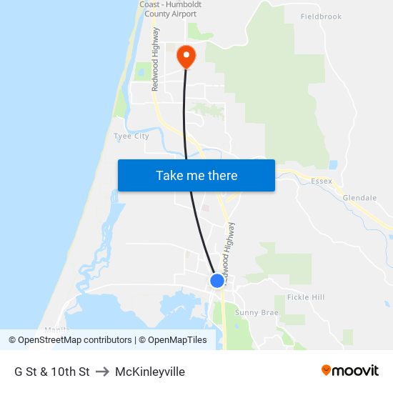 G St & 10th St to McKinleyville map