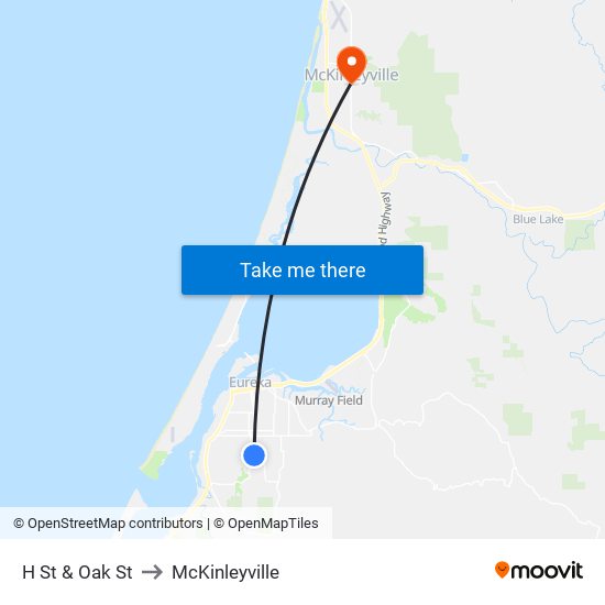 H St & Oak St to McKinleyville map