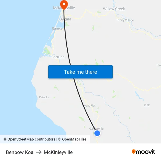 Benbow Koa to McKinleyville map