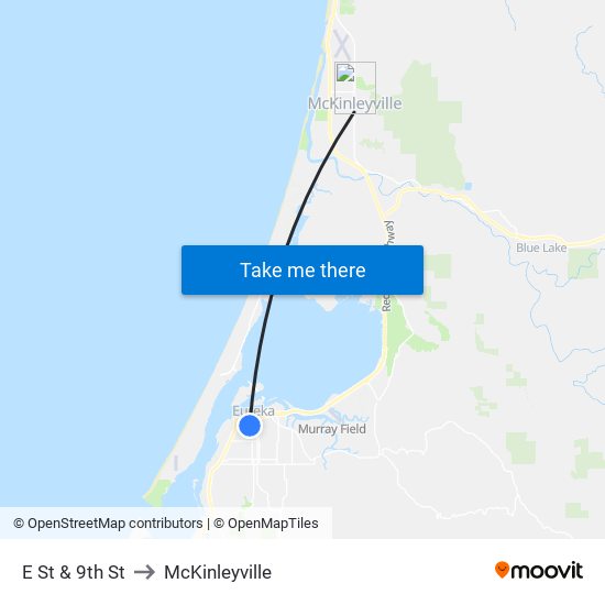 E St & 9th St to McKinleyville map