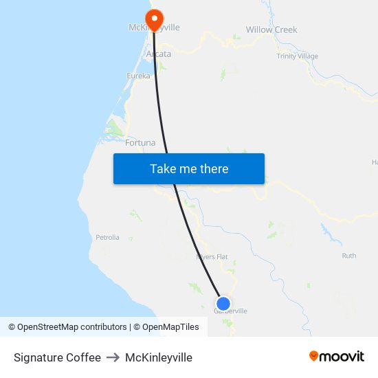 Signature Coffee to McKinleyville map