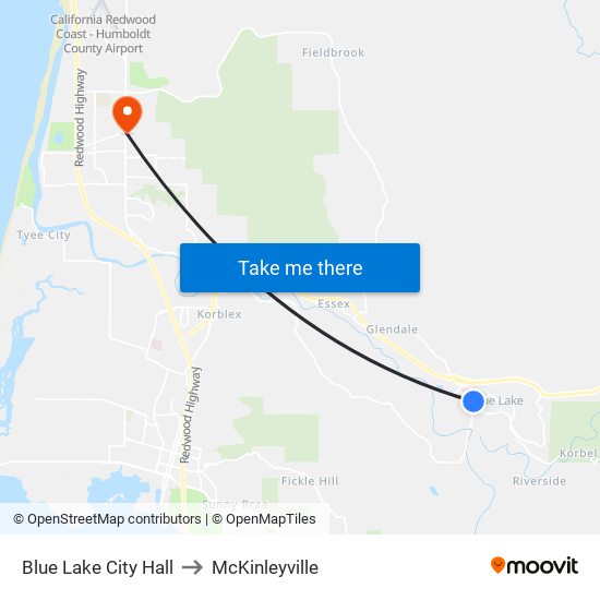 Blue Lake City Hall to McKinleyville map