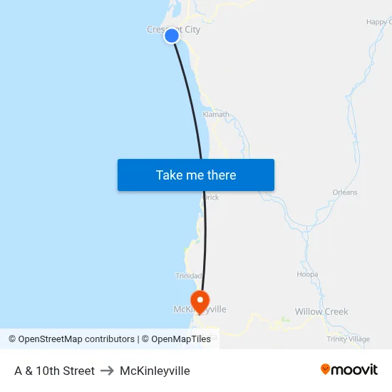 A & 10th Street to McKinleyville map