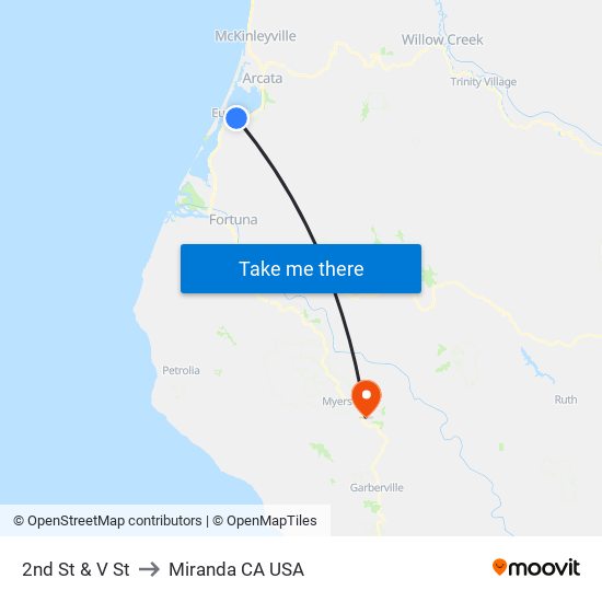 2nd St & V St to Miranda CA USA map