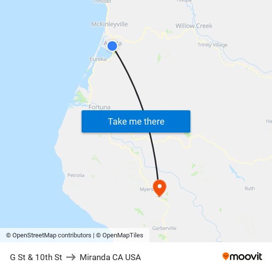 G St & 10th St to Miranda CA USA map