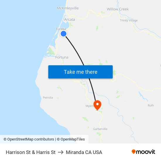 Harrison St & Harris St to Miranda CA USA map