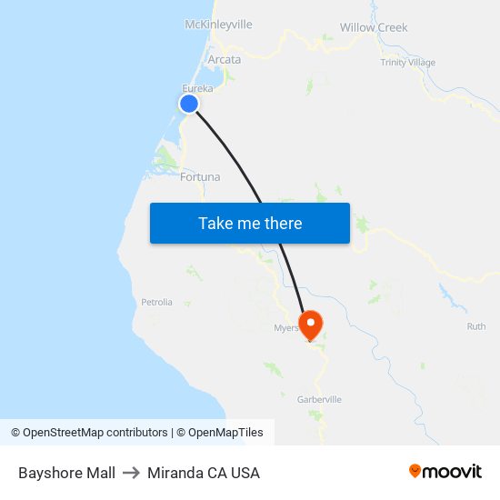 Bayshore Mall to Miranda CA USA map