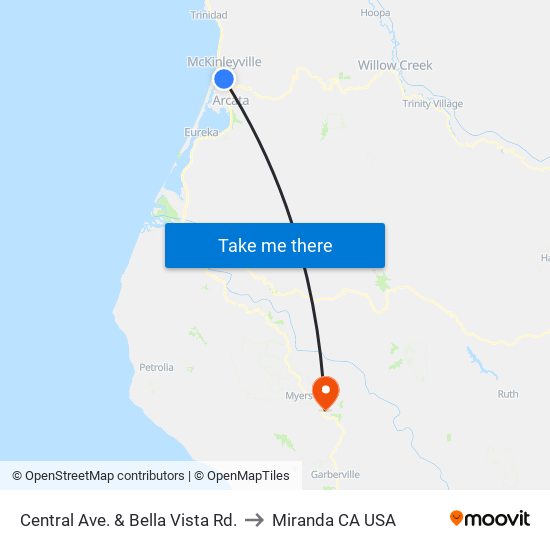 Central Ave. & Bella Vista Rd. to Miranda CA USA map