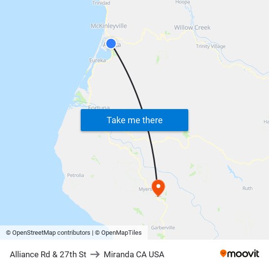 Alliance Rd & 27th St to Miranda CA USA map