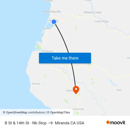 B St & 14th St - Nb Stop to Miranda CA USA map