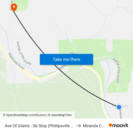 Ave Of Giants - Sb Stop (Phillipsville Post Office) to Miranda CA USA map