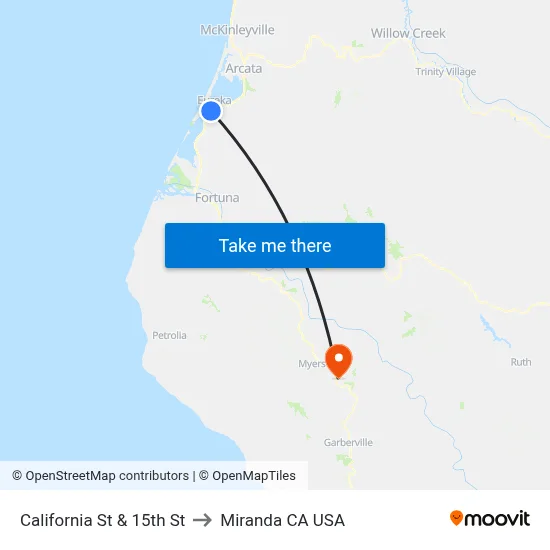 California St & 15th St to Miranda CA USA map