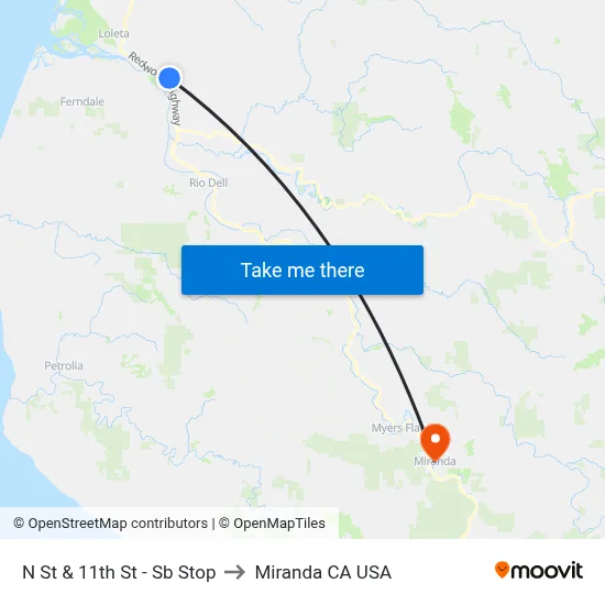 N St & 11th St - Sb Stop to Miranda CA USA map