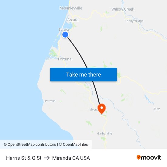 Harris St & Q St to Miranda CA USA map