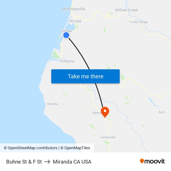 Buhne St & F St to Miranda CA USA map