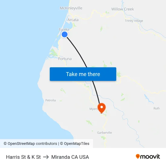 Harris St & K St to Miranda CA USA map