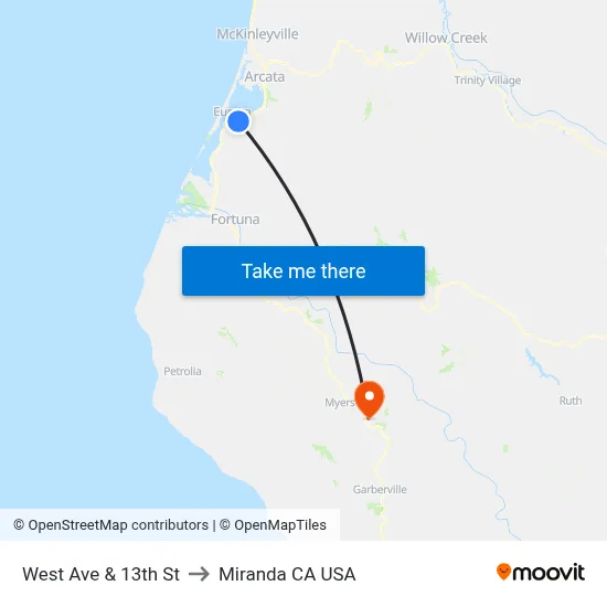 West Ave & 13th St to Miranda CA USA map