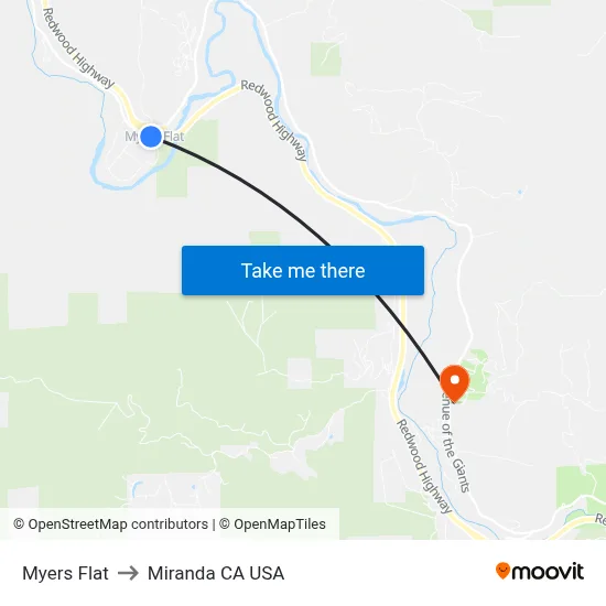 Myers Flat to Miranda CA USA map