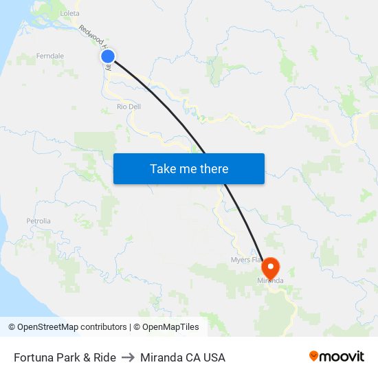 Fortuna Park & Ride to Miranda CA USA map