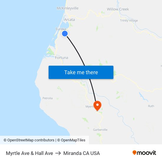 Myrtle Ave & Hall Ave to Miranda CA USA map