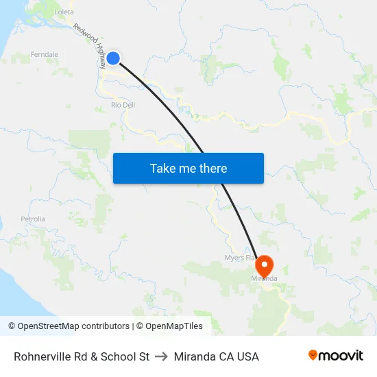 Rohnerville Rd & School St to Miranda CA USA map