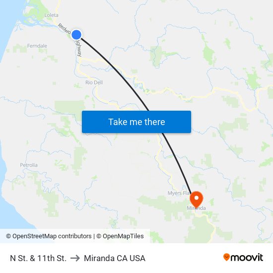 N St. & 11th St. to Miranda CA USA map