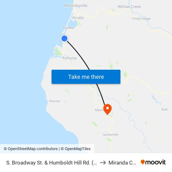 S. Broadway St. & Humboldt Hill Rd. (Spruce Point) to Miranda CA USA map