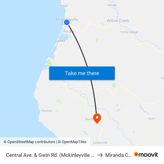 Central Ave. & Gwin Rd. (Mckinleyville Shopping Center) to Miranda CA USA map