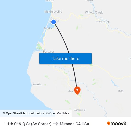 11th St & Q St (Se Corner) to Miranda CA USA map