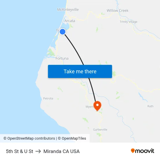 5th St & U St to Miranda CA USA map