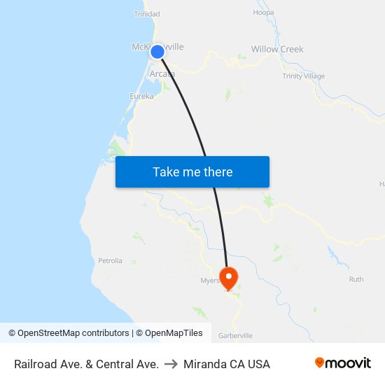 Railroad Ave. & Central Ave. to Miranda CA USA map