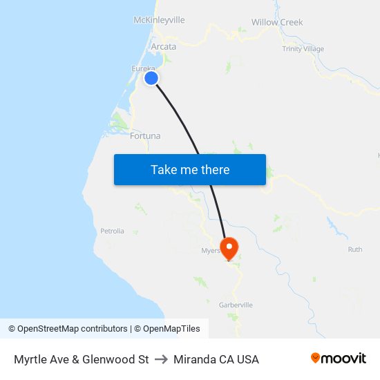 Myrtle Ave & Glenwood St to Miranda CA USA map