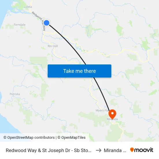 Redwood Way & St Joseph Dr - Sb Stop (Redwood Memorial) to Miranda CA USA map