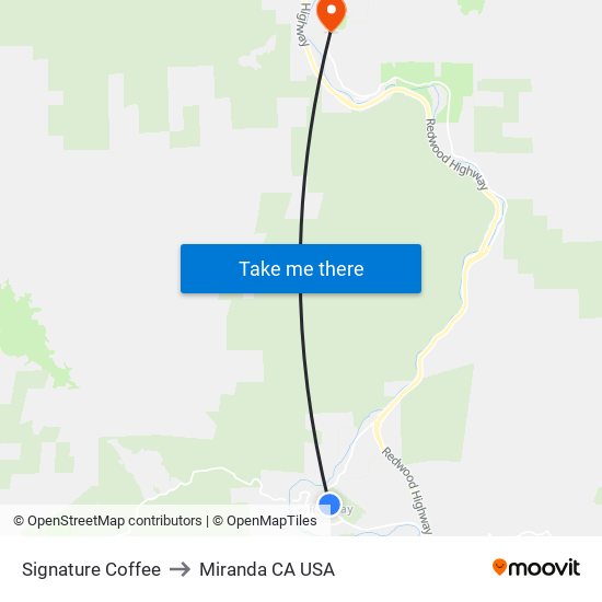 Signature Coffee to Miranda CA USA map