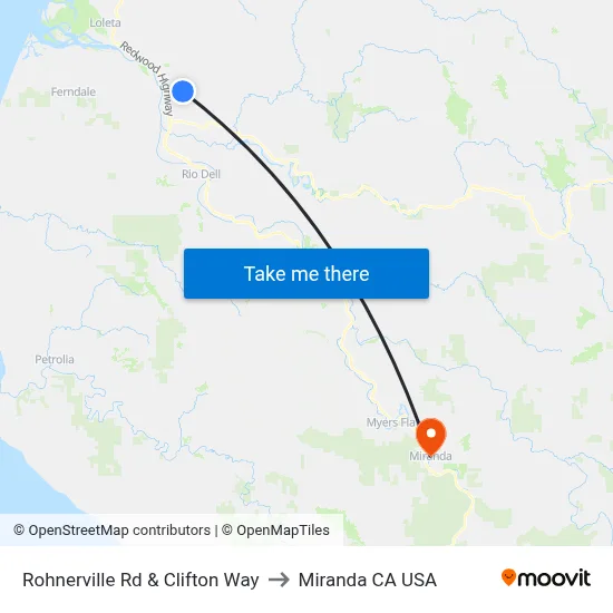 Rohnerville Rd & Clifton Way to Miranda CA USA map