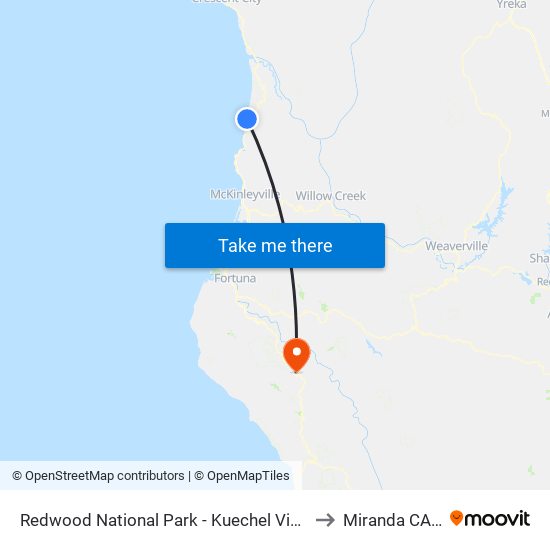 Redwood National Park - Kuechel Visitor Center to Miranda CA USA map