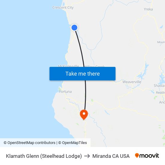 Klamath Glenn (Steelhead Lodge) to Miranda CA USA map