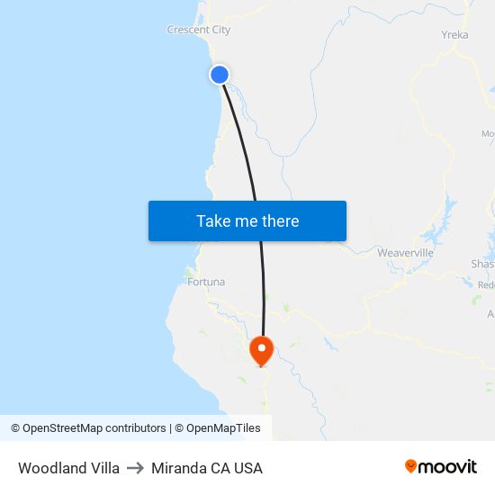 Woodland Villa to Miranda CA USA map