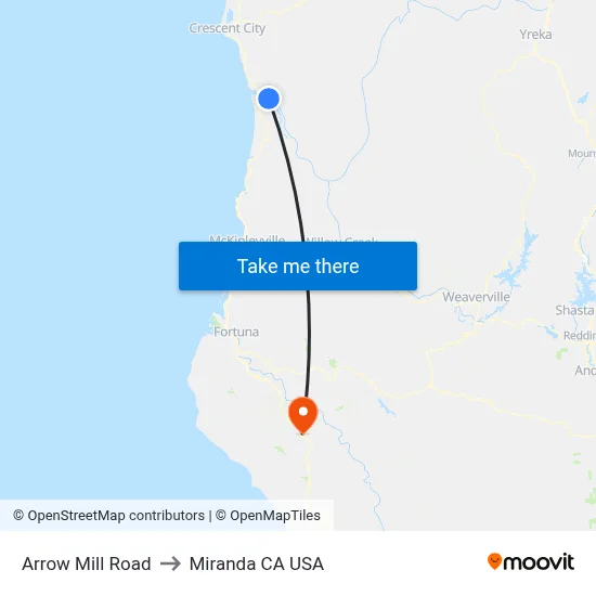 Arrow Mill Road to Miranda CA USA map