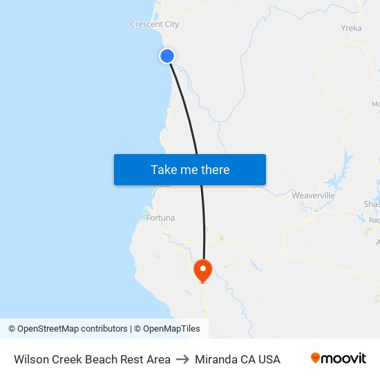 Wilson Creek Beach Rest Area to Miranda CA USA map