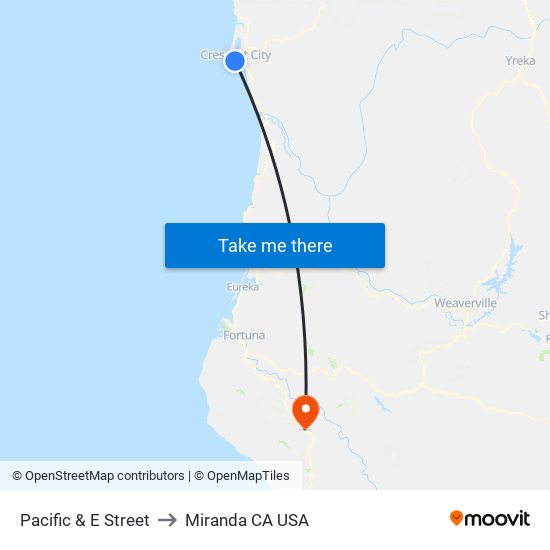 Pacific & E Street to Miranda CA USA map