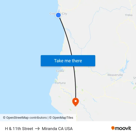 H & 11th Street to Miranda CA USA map