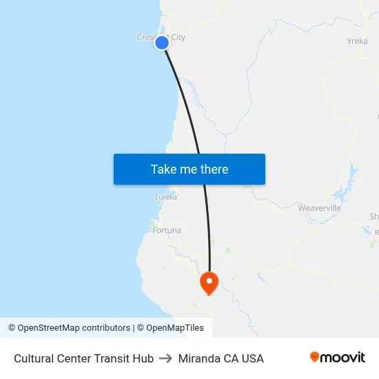 Cultural Center Transit Hub to Miranda CA USA map