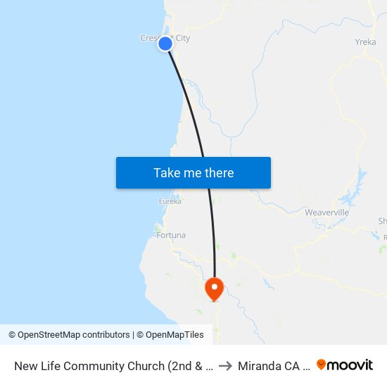 New Life Community Church (2nd & D Street) to Miranda CA USA map