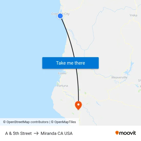 A & 5th Street to Miranda CA USA map