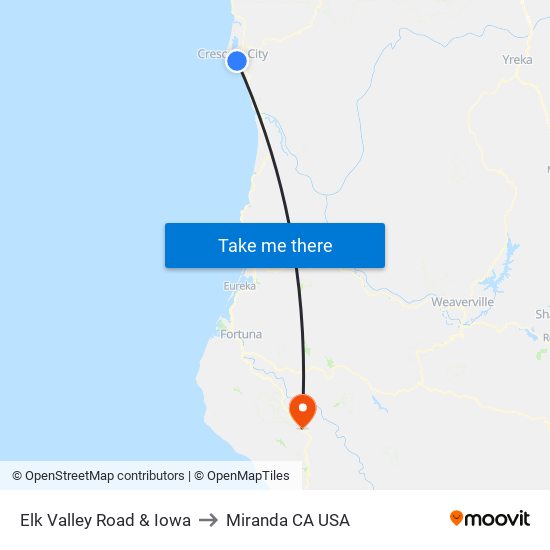 Elk Valley Road & Iowa to Miranda CA USA map