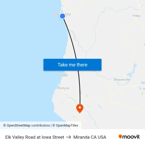 Elk Valley Road at Iowa Street to Miranda CA USA map
