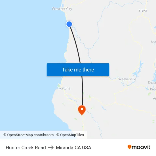 Hunter Creek Road to Miranda CA USA map