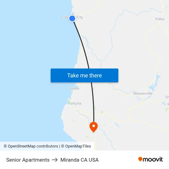 Senior Apartments to Miranda CA USA map