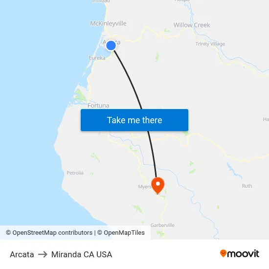 Arcata to Miranda CA USA map